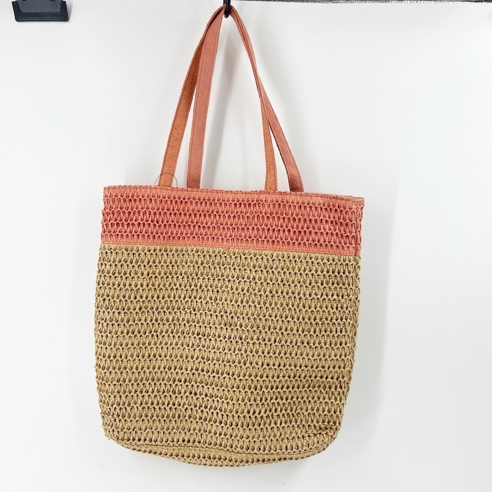 ✅ NWT SONOMA WOVEN BAG TAN/CORAL BEACH BAG